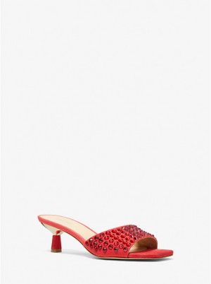 Michael Kors Amal Embellished Faux Suede Kitten Sandaler Dame CRIMSON | DKRVB1760