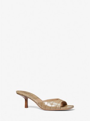 Michael Kors Anita Crocodile Embossed Leather Sandal Høje Hæle Dame SAND | DKILP1719