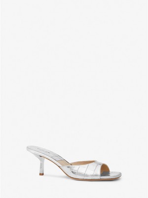 Michael Kors Anita Metallic Crocodile Embossed Leather Sandal Høje Hæle Dame Sølv | DKOKA1720