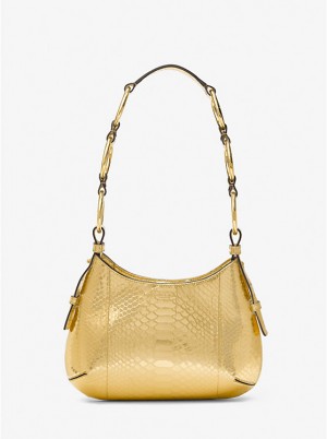 Michael Kors Bardot Mini Metallic Python Embossed Leather Hobo Skulder Taske Dame Guld | DKDFP1179