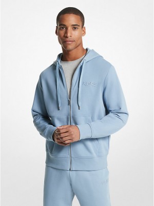 Michael Kors Embroidered Logo Cotton Terry Zip-Up Hættetrøje Herre CHAMBRAY | DKRVD2235