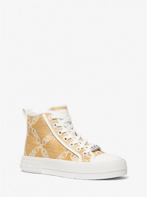 Michael Kors Evy Empire Logo Jacquard Straw High-Top Sneakers Dame NAT/OPTICWHT | DKAHE1982