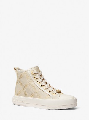 Michael Kors Evy Metallic Empire Logo Jacquard High-Top Sneakers Dame PALE GOLD/NATURAL | DKGSU1986