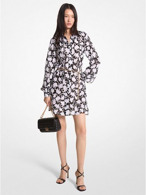 Michael Kors Floral Georgette Midi Kjole Dame BLACK/WHITE | DKQMK1295