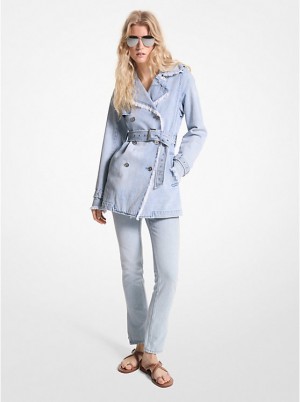 Michael Kors Frayed Denim Trench Coat Jakke Dame Blå Lyseblå | DKCTZ1378