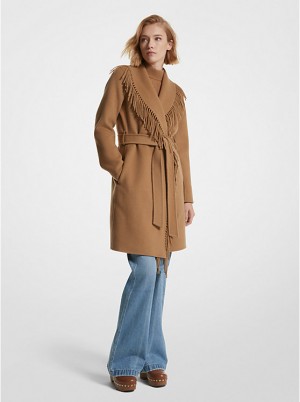 Michael Kors Fringe Wool Blend Belted Coat Jakke Dame Mørke | DKXYX1379