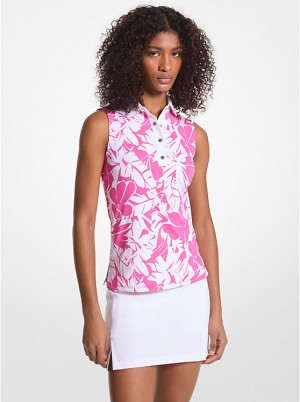 Michael Kors Golf Palm Print Tech Performance Sleeveless Poloshirt Dame CERISE | DKDFN1464