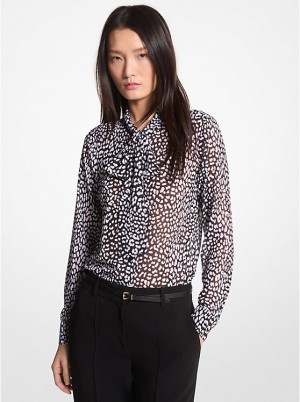 Michael Kors Graphic Leopard Print Georgette Tie-Neck Bluse Dame BLACK/WHITE | DKWNF1453