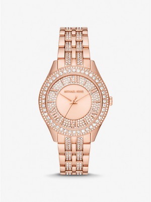 Michael Kors Harlowe Pavé Rose Gold-Tone Ur Dame Lyserød Guld | DKMQU1581