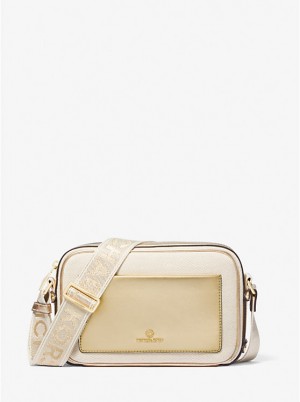 Michael Kors Maeve Large Canvas and Metallic Crossbody Taske Dame PALE GOLD/NATURAL | DKBEV1111