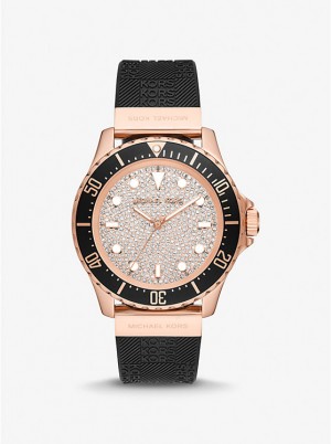 Michael Kors Oversized Slim Everest Pavé Rose-Gold Tone and Embossed Silicone Ur Dame Sort | DKBEI1636