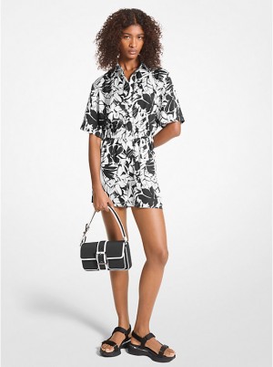 Michael Kors Palm Print Satin Romper Kjole Dame BLACK/WHITE | DKGSY1310