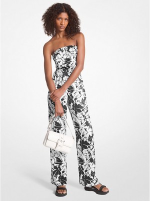 Michael Kors Palm Print Satin Tie-Back Jumpsuit Kjole Dame BLACK/WHITE | DKHAU1311