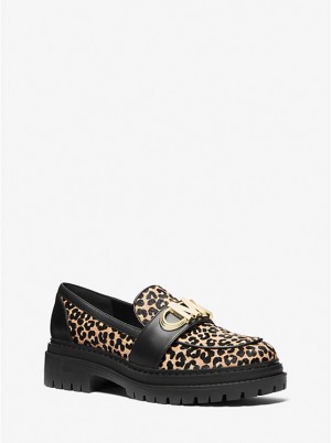 Michael Kors Parker Leopard Print Calf Hair Loafers Dame Sort | DKWNR1713