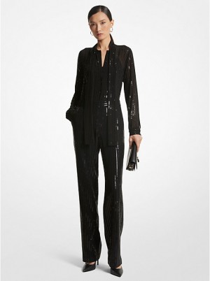 Michael Kors Pinstripe Sequined Georgette Jumpsuit Kjole Dame Sort | DKLIP1314