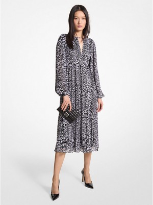 Michael Kors Pleated Leopard Print Georgette Midi Kjole Dame BLACK/WHITE | DKCTD1317