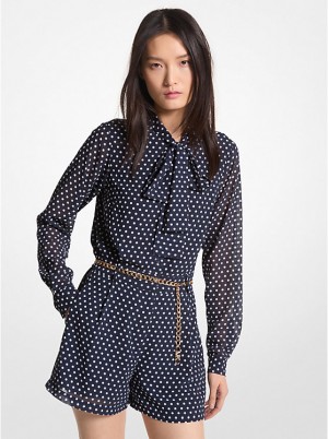 Michael Kors Polka Dot Georgette Belted Tie-Neck Romper Kjole Dame MIDNIGHTBLUE | DKVRF1318