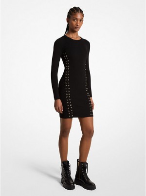 Michael Kors Ribbed Stretch Knit Lace-Up Kjole Dame Sort | DKNWL1323