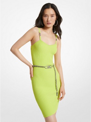 Michael Kors Ribbed Stretch Viscose Belted Bustier Kjole Dame BRT LIMEADE | DKZUB1328