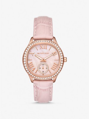 Michael Kors Sage Pavé Rose Gold-Tone and Crocodile Embossed Leather Ur Dame Lyserød | DKDKH1671