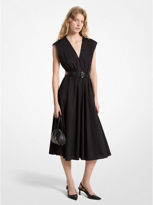 Michael Kors Stretch Organic Cotton Poplin Midi Kjole Dame Sort | DKYXA1342