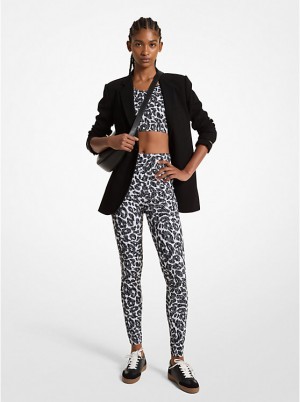 Michael Kors Stretch Recycled Nylon Leopard Logo Leggings Dame ALUMINUM | DKNWG1427