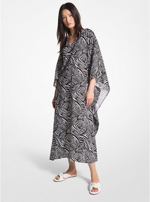 Michael Kors Zebra Organic Cotton Lawn Caftan Kjole Dame BLACK/WHITE | DKQMH1347